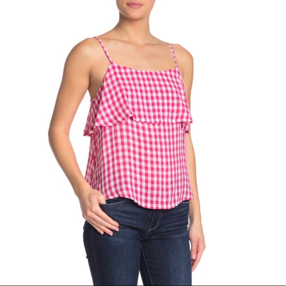 Abound Tiered Checked Spaghetti Strap Pink Tank Top Size XL